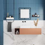 specchio quadrato corner con doppia cornice in metallo nero, vista ambientata su pareti arredate con stile