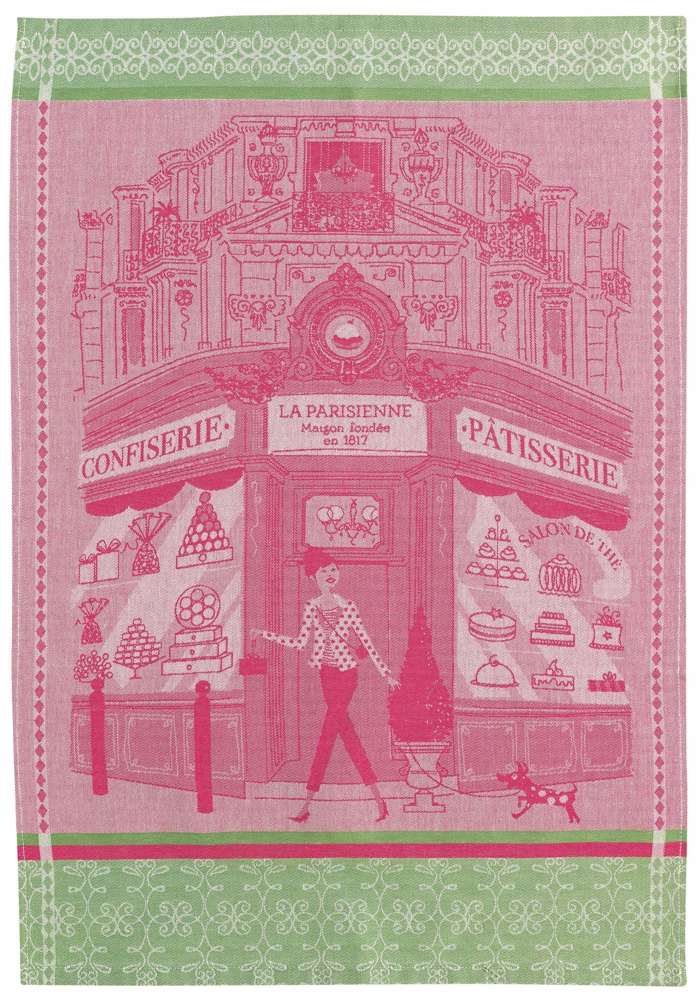 strofinaccio patisserie rosa, colore rosa, taglia 50 x 70. strofinaccio piegato su fondo neutro per mostrare texture e finiture