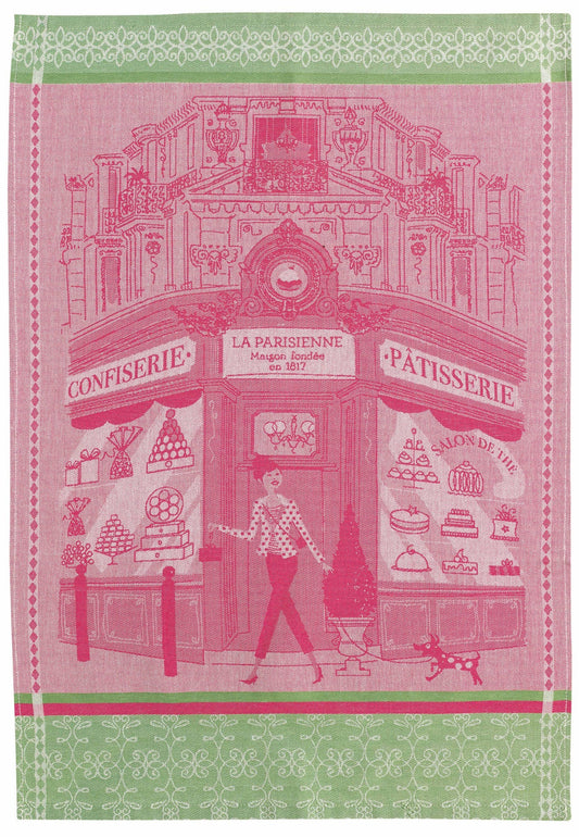 strofinaccio patisserie rosa, colore rosa, taglia 50 x 70. strofinaccio piegato su fondo neutro per mostrare texture e finiture