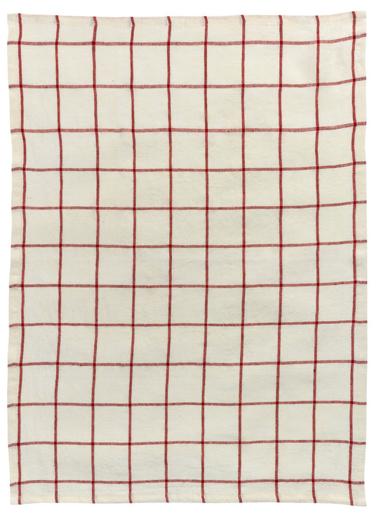 strofinaccio karma ecru/rosso, colore ecru/rosso, taglia 55 x 75. strofinaccio piegato su fondo neutro per mostrare texture e finiture