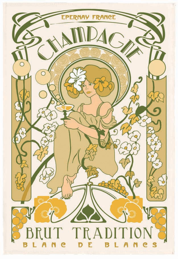 strofinaccio champagne art nouveau ecru, colore ecru, taglia 48 x 72. strofinaccio piegato su fondo neutro per mostrare texture e finiture