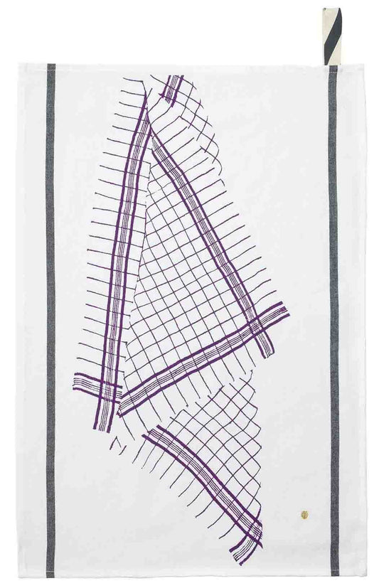 torchon tonton viola, colore viola, taglia 50 x 70. strofinaccio piegato su fondo neutro per mostrare texture e finiture