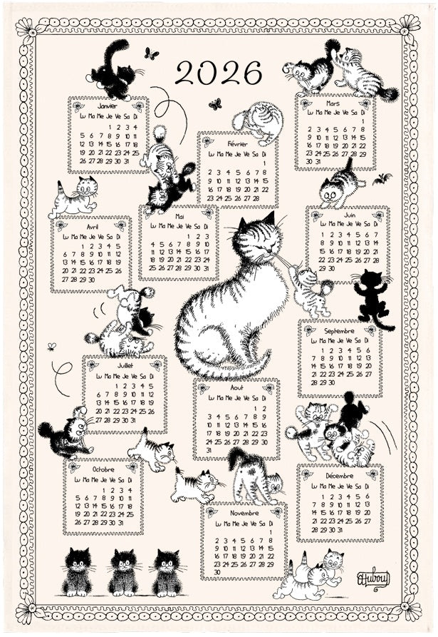 strofinaccio dubout calendrier chatons 2026 ecru, colore ecru, taglia 48 x 72. strofinaccio piegato su fondo neutro per mostrare texture e finiture