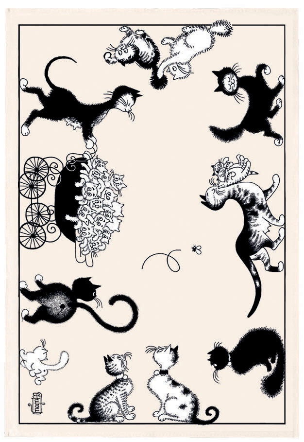 strofinaccio dubout chats farandole ecru, colore ecru, taglia 48 x 72. strofinaccio piegato su fondo neutro per mostrare texture e finiture