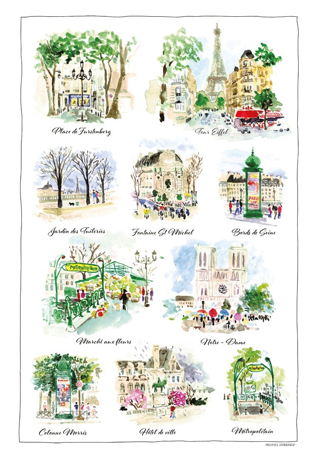 strofinaccio paris scenettes bianco, colore bianco, taglia 48 x 72. strofinaccio piegato su fondo neutro per mostrare texture e finiture