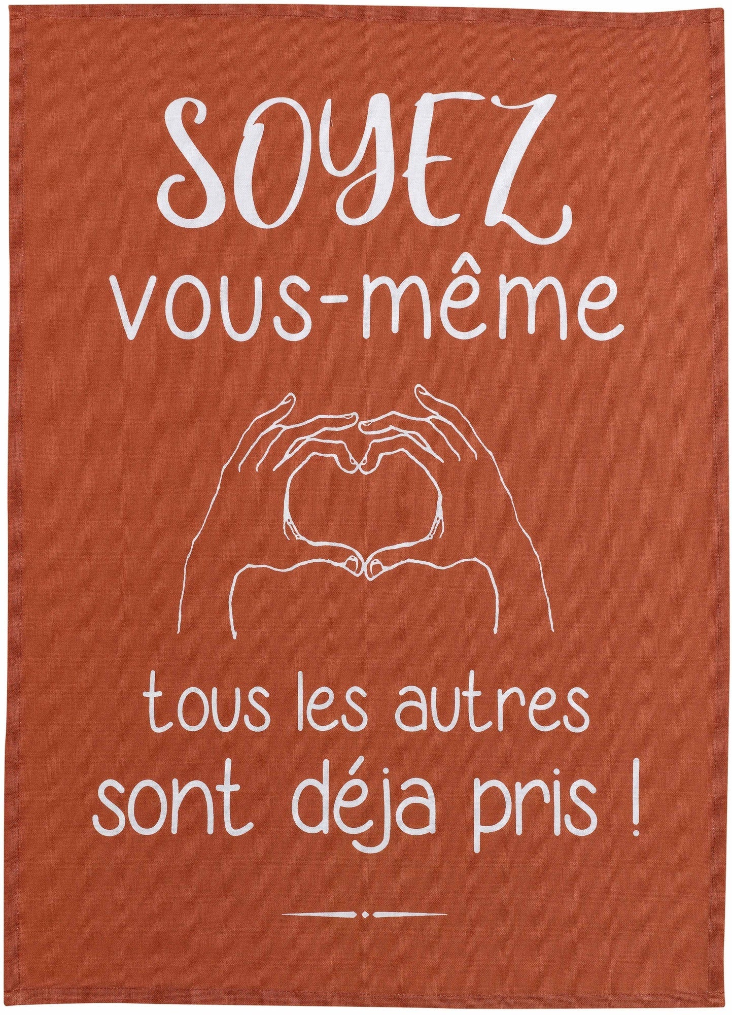 strofinaccio vous-meme rosso, colore rosso, taglia 50 x 70. strofinaccio piegato su fondo neutro per mostrare texture e finiture