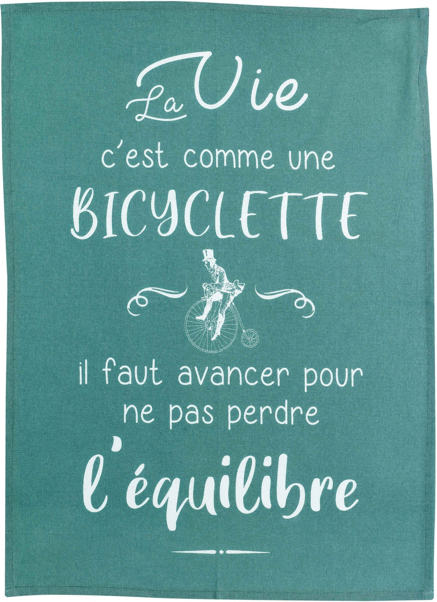 strofinaccio bicyclette pavone, colore pavone, taglia 50 x 70. strofinaccio piegato su fondo neutro per mostrare texture e finiture