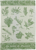 strofinaccio jacquard herbes de provence verde, colore verde, taglia 50 x 70. strofinaccio piegato su fondo neutro per mostrare texture e finiture