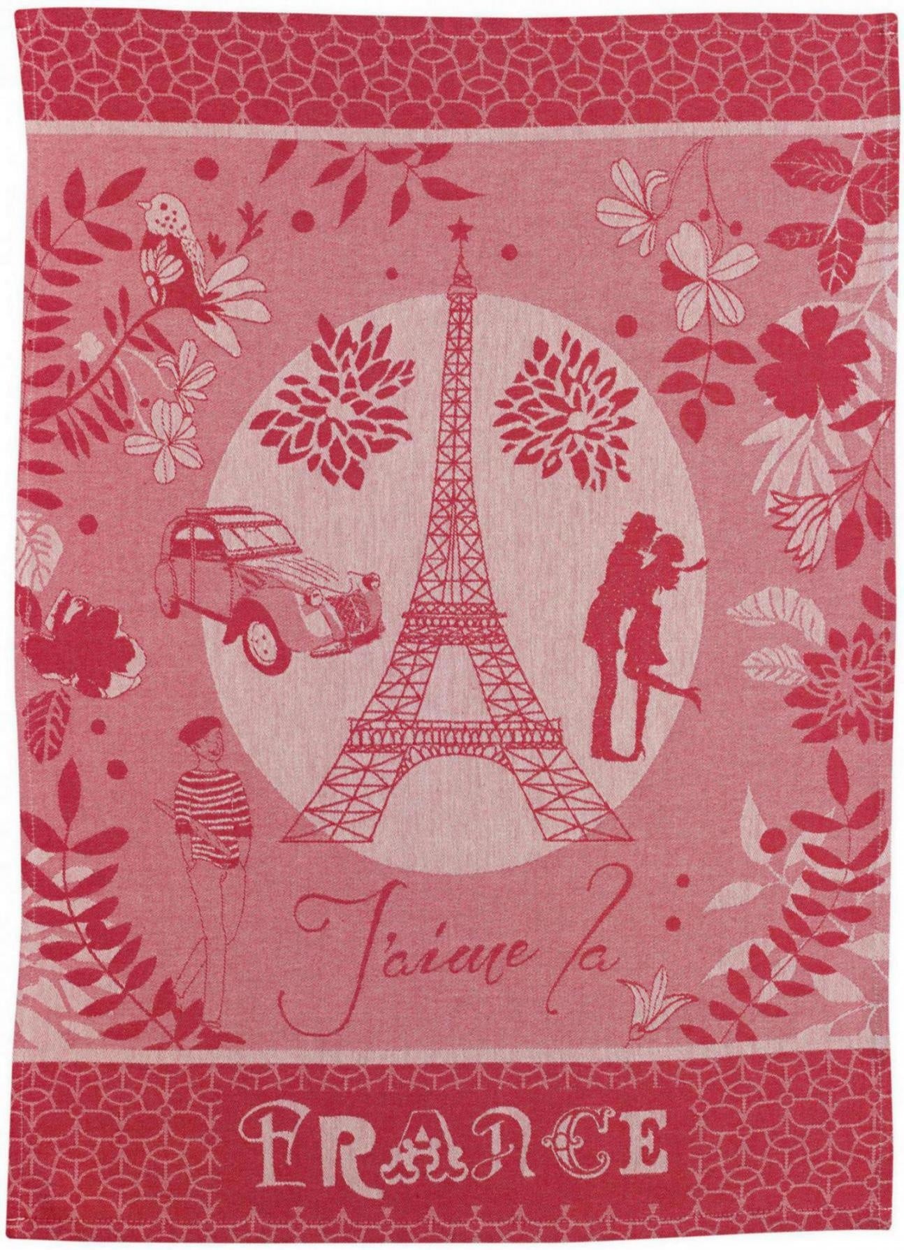 strofinaccio jacquard tour eiffel rosso, colore rosso, taglia 50 x 70. strofinaccio piegato su fondo neutro per mostrare texture e finiture