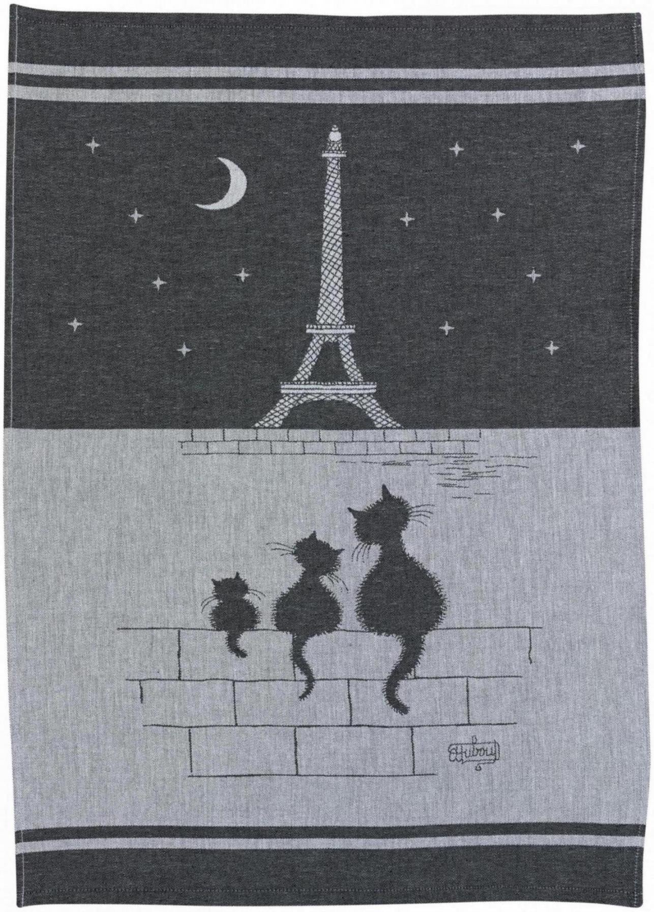 strofinaccio jacquard chats tour eiffel ombra, colore ombra, taglia 50 x 70. strofinaccio piegato su fondo neutro per mostrare texture e finiture