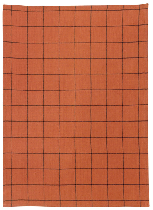 strofinaccio misto a quadri kilia mattone, colore mattone, taglia 50 x 70. strofinaccio piegato su fondo neutro per mostrare texture e finiture