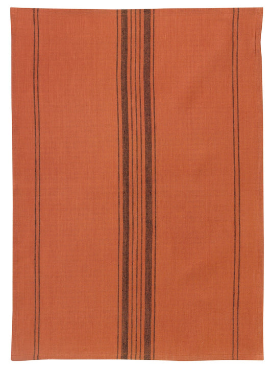 strofinaccio misto righe kilia mattone, colore mattone, taglia 50 x 70. strofinaccio piegato su fondo neutro per mostrare texture e finiture
