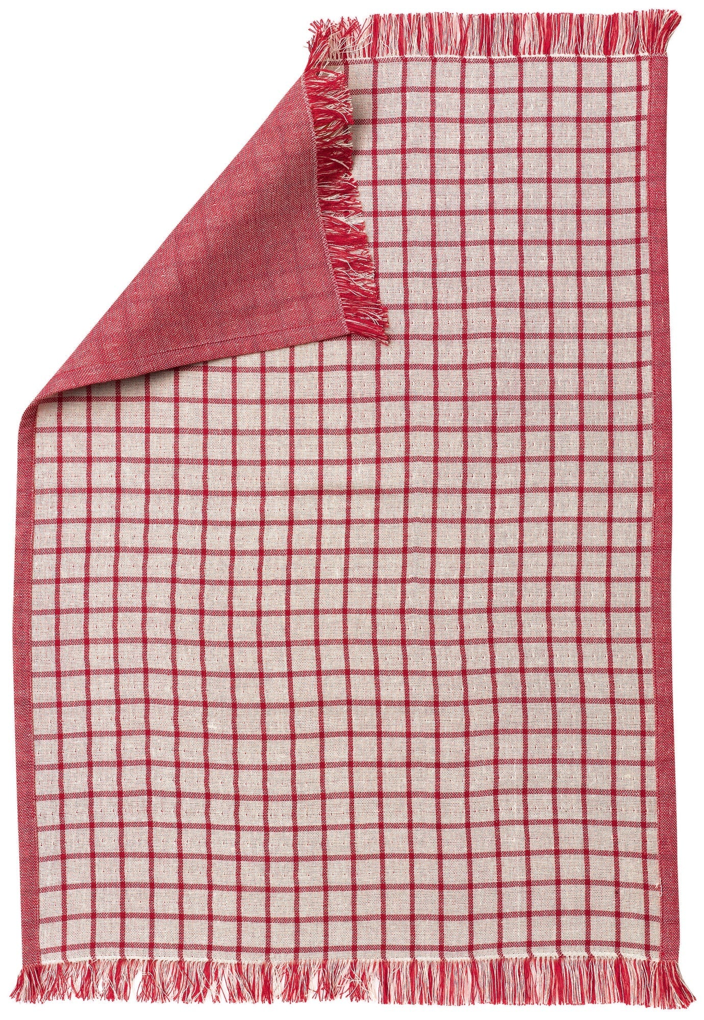 strofinaccio riciclato aden bianco/rosso, colore bianco/rosso, taglia 50 x 70. strofinaccio piegato su fondo neutro per mostrare texture e finiture