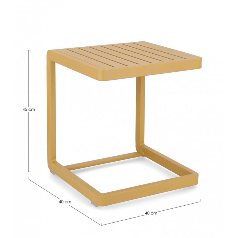 set di 2 tavolini rettangolari konnor in alluminio giallo senape, dettaglio della struttura resistente alle intemperie