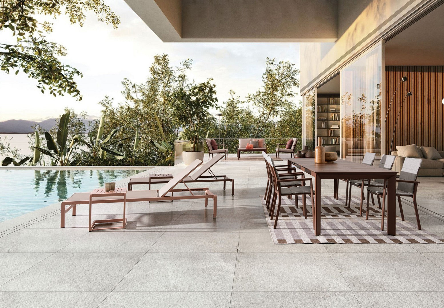 set di 2 tavolini rettangolari konnor in alluminio rosa, design compatto e facile da spostare