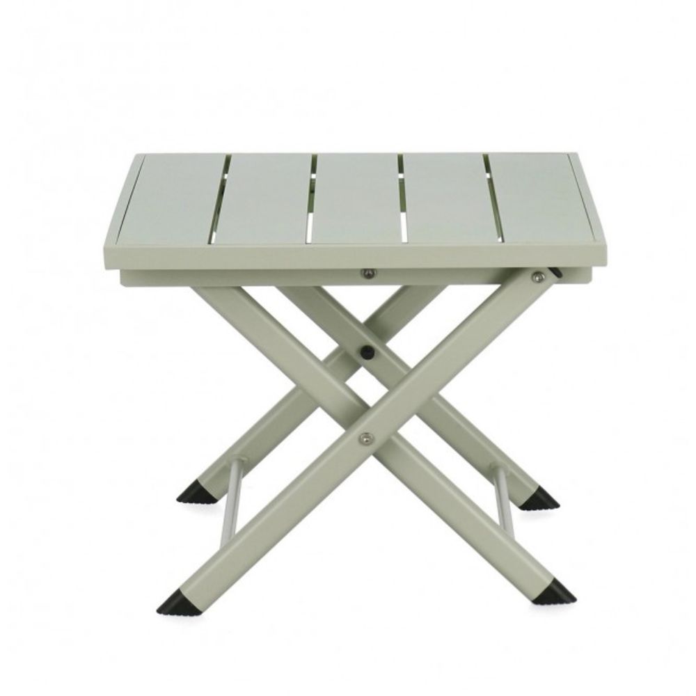 tavolino taylor in alluminio verde chiaro, pieghevole, realizzato in materiali outdoor come alluminio o rattan