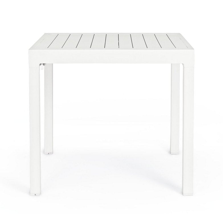 tavolo allungabile pelagius in alluminio bianco 83×80 cm – 166×80 cm, ambientazione in giardino con sedie coordinate