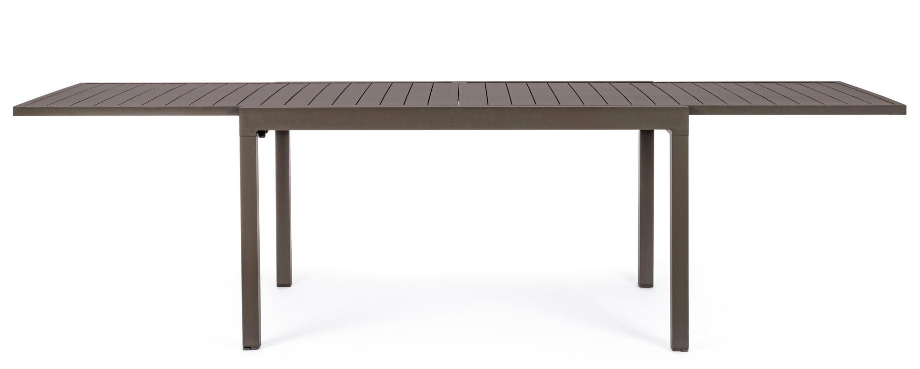 tavolo allungabile pelagius in alluminio caffè 135×90 cm – 270×90 cm, ambientazione in giardino con sedie coordinate