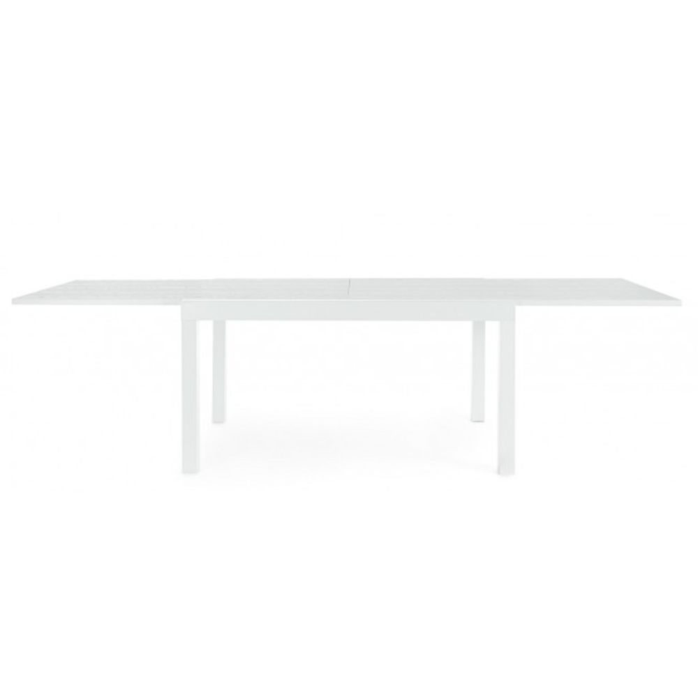 tavolo allungabile cliv effetto legno materico e struttura in alluminio bianco 135×90 cm – 270×90 cm, ambientazione in...