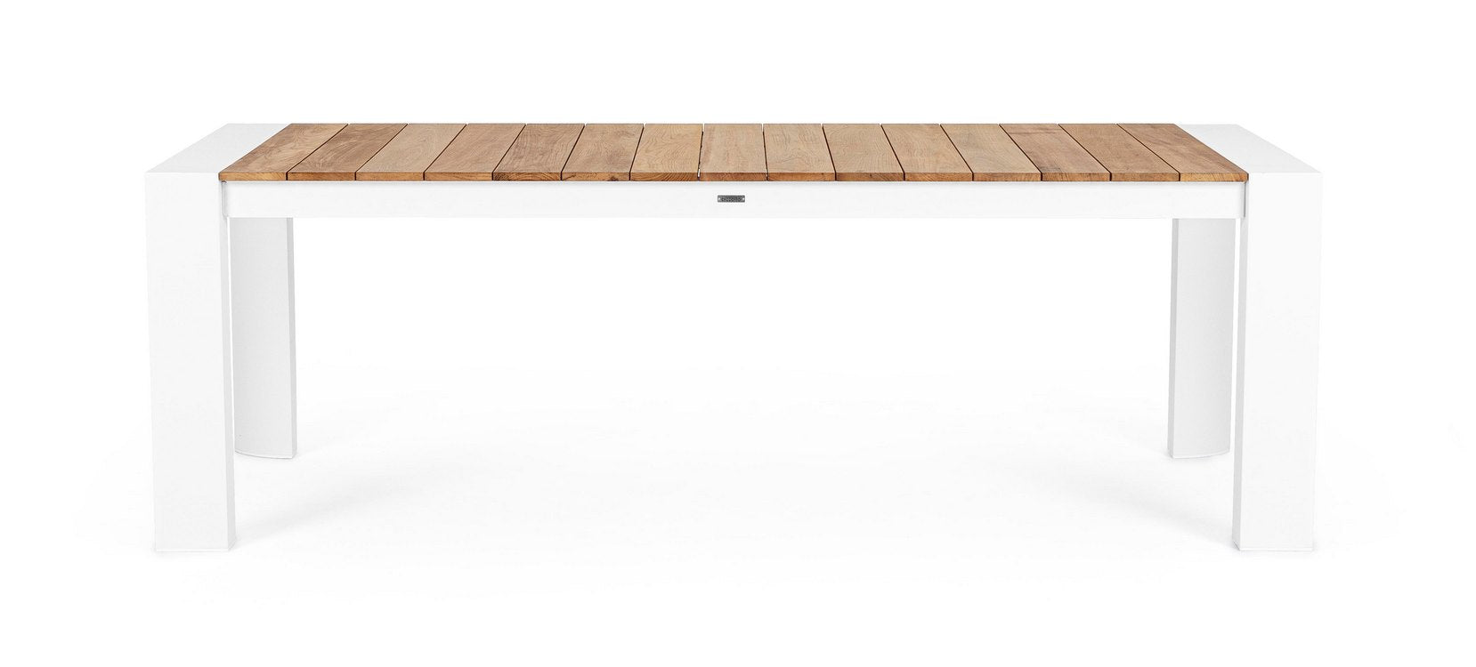 tavolo allungabile cameron in alluminio bianco e legno teak 228×100 cm – 294×100 cm, dettaglio dei materiali trattati per...