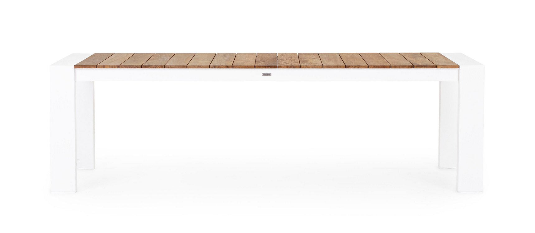 tavolo allungabile cameron in alluminio bianco e legno teak 253×110 cm – 384×110 cm, dettaglio dei materiali trattati per...
