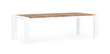 tavolo allungabile cameron in alluminio bianco e legno teak 253×110 cm – 384×110 cm, ambientazione in giardino con sedie...