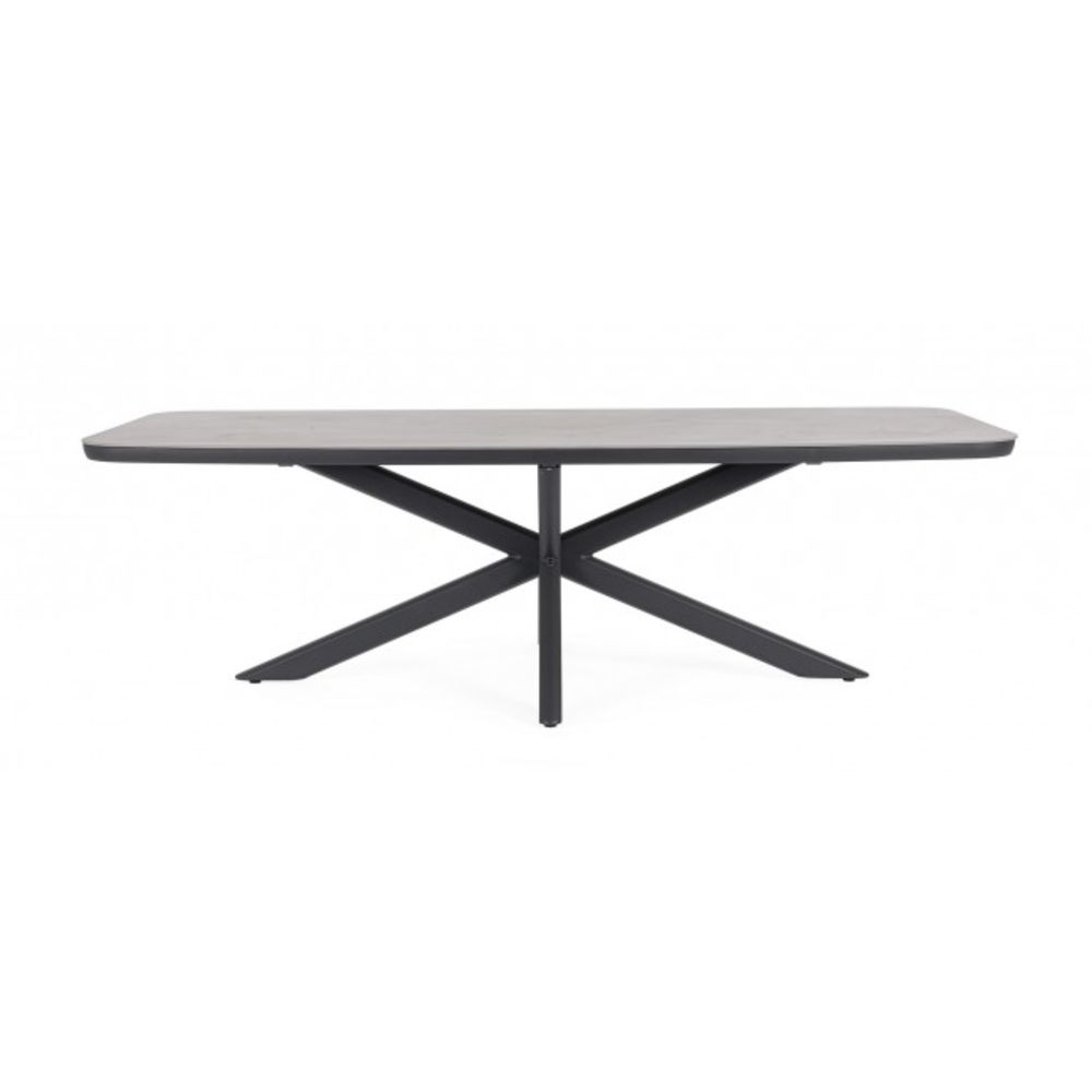 tavolo fisso isacco in pietra naturale e struttura in alluminio antracite 240×110 cm, ambientazione in giardino con sedie...