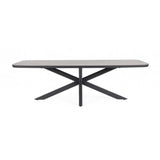 tavolo fisso isacco in pietra naturale e struttura in alluminio antracite 240×110 cm, ambientazione in giardino con sedie...