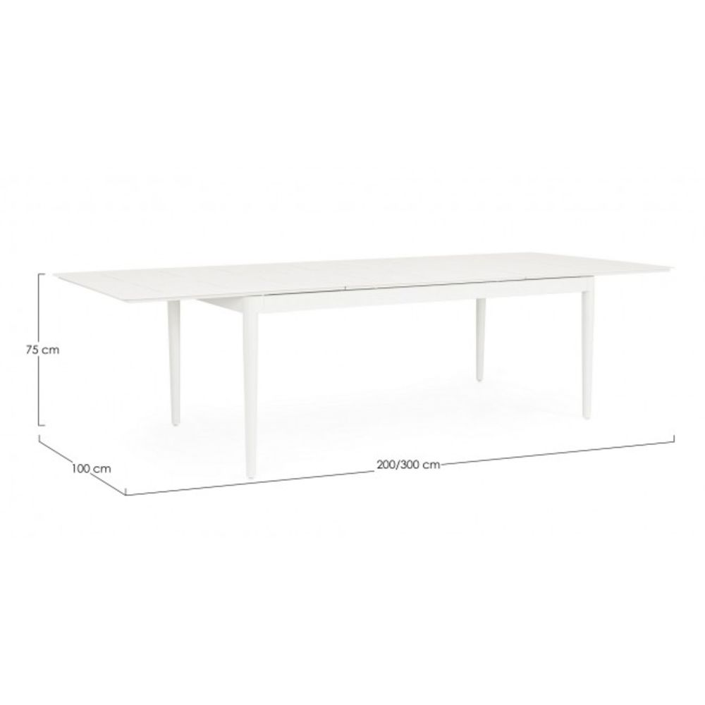 tavolo allungabile nebula in alluminio bianco 200×100 cm – 300×100 cm, ambientazione in giardino con sedie coordinate
