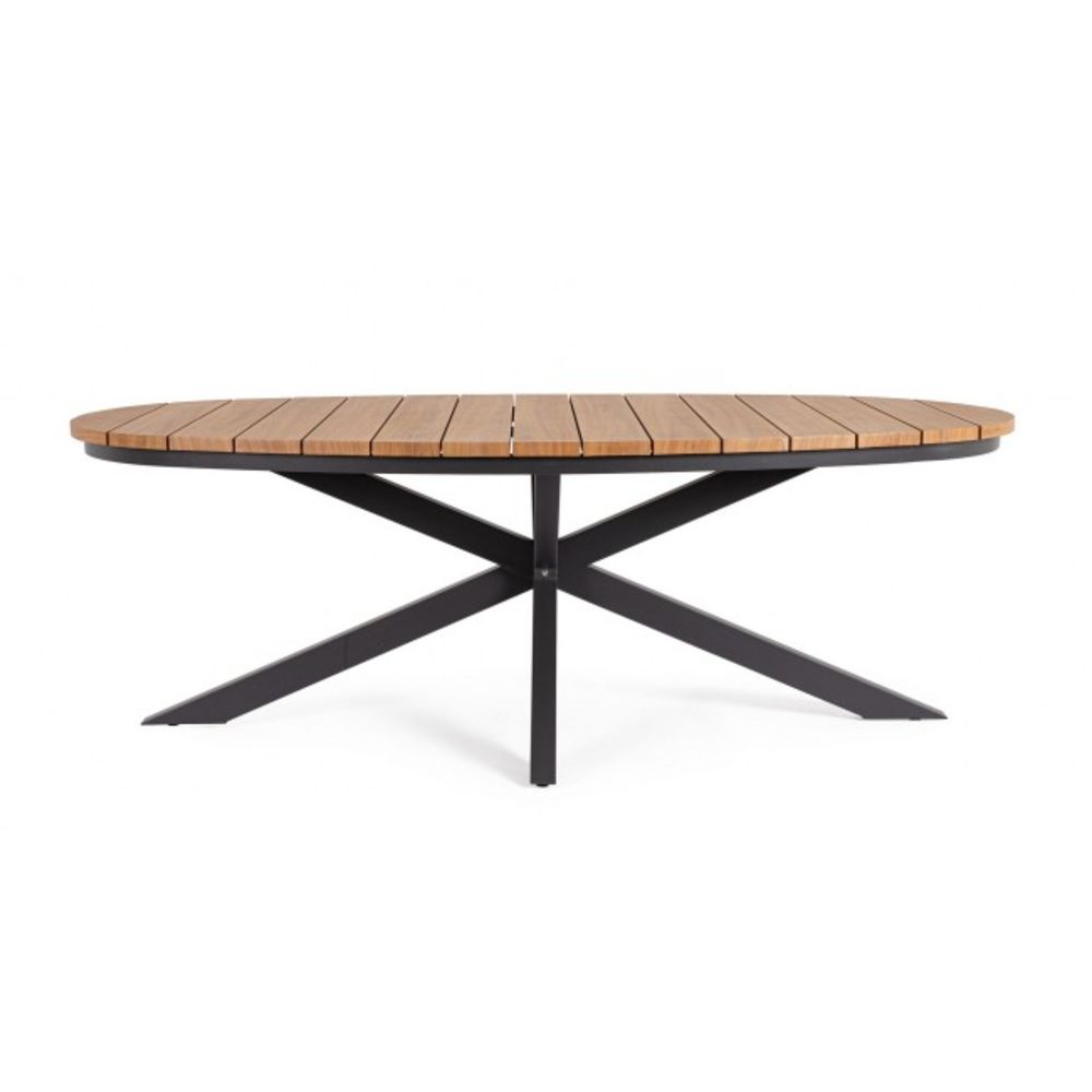 tavolo fisso zelmar effetto legno e struttura in alluminio antracite 218×115 cm, ambientazione in giardino con sedie...