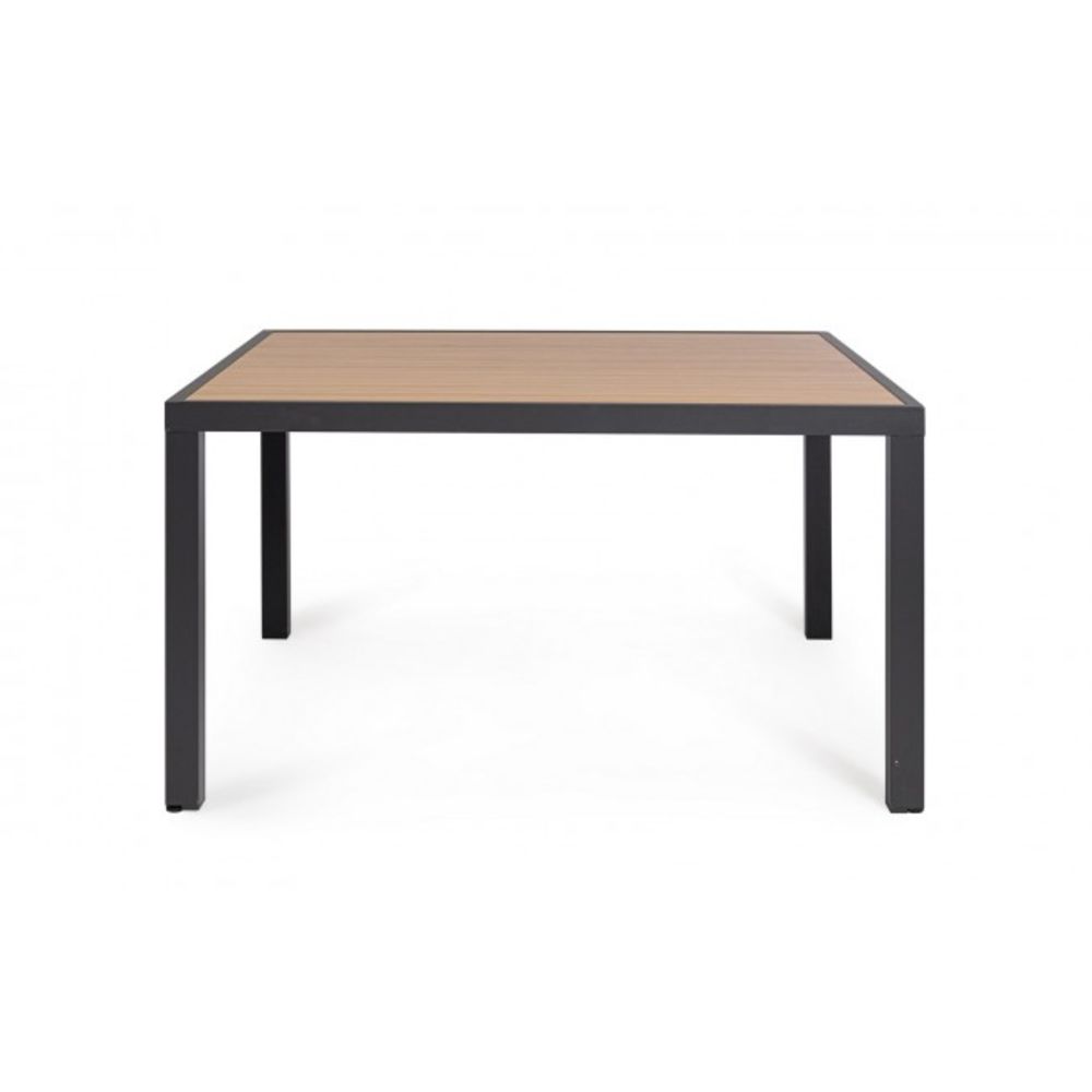 tavolo fisso hilija effetto legno e struttura in alluminio antracite 136×136 cm, dettaglio dei materiali trattati per uso...