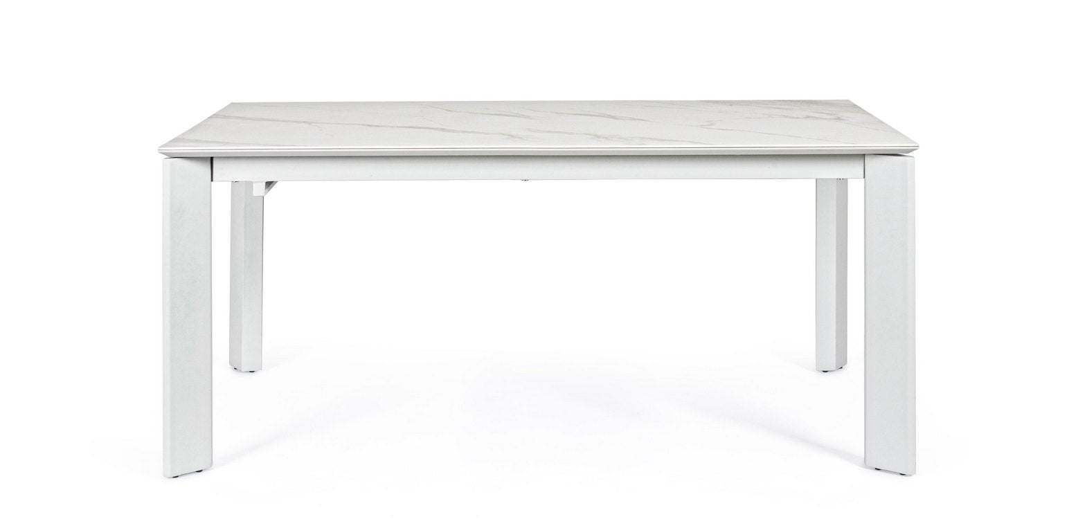 tavolo briva in acciaio grigio chiaro e piano in ceramica effetto marmo, allungabile 160×90 cm – 220×90 cm, vista ambientata...