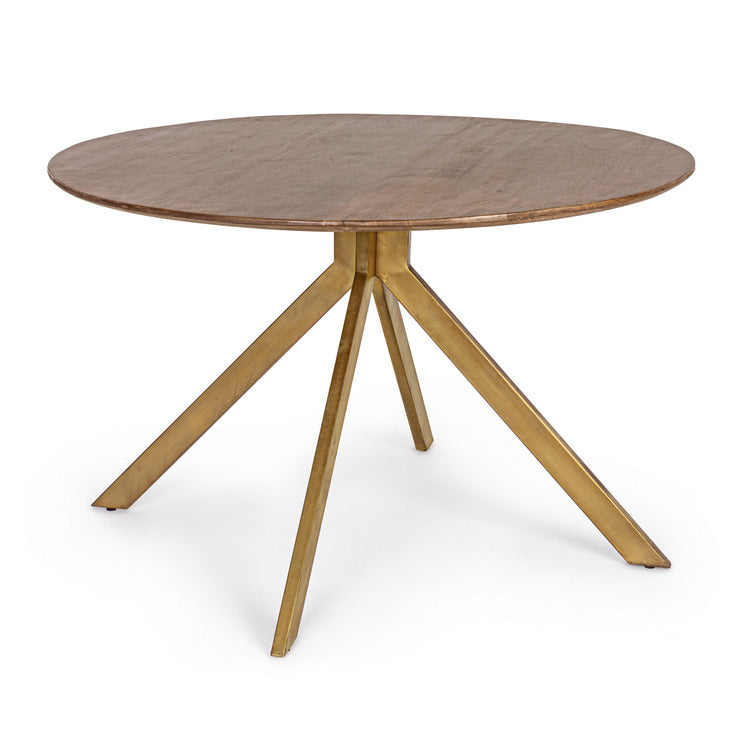 tavolo sherman rotondo ø120 in legno di mango e base finitura ottone, tavolo elegante adatto a sala da pranzo o cucina