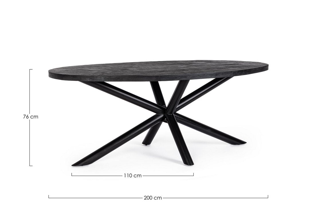 tavolo hastings ovale in legno di mango e base antracite acciaio 200×110 cm, vista ambientata con sedie abbinate