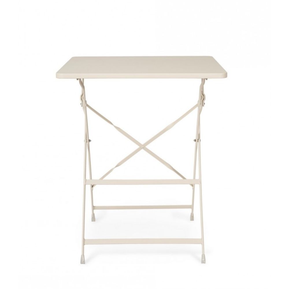 tavolo yasmin quadrato in acciaio beige 60 x 60 cm, pieghevole, ambientazione in giardino con sedie coordinate