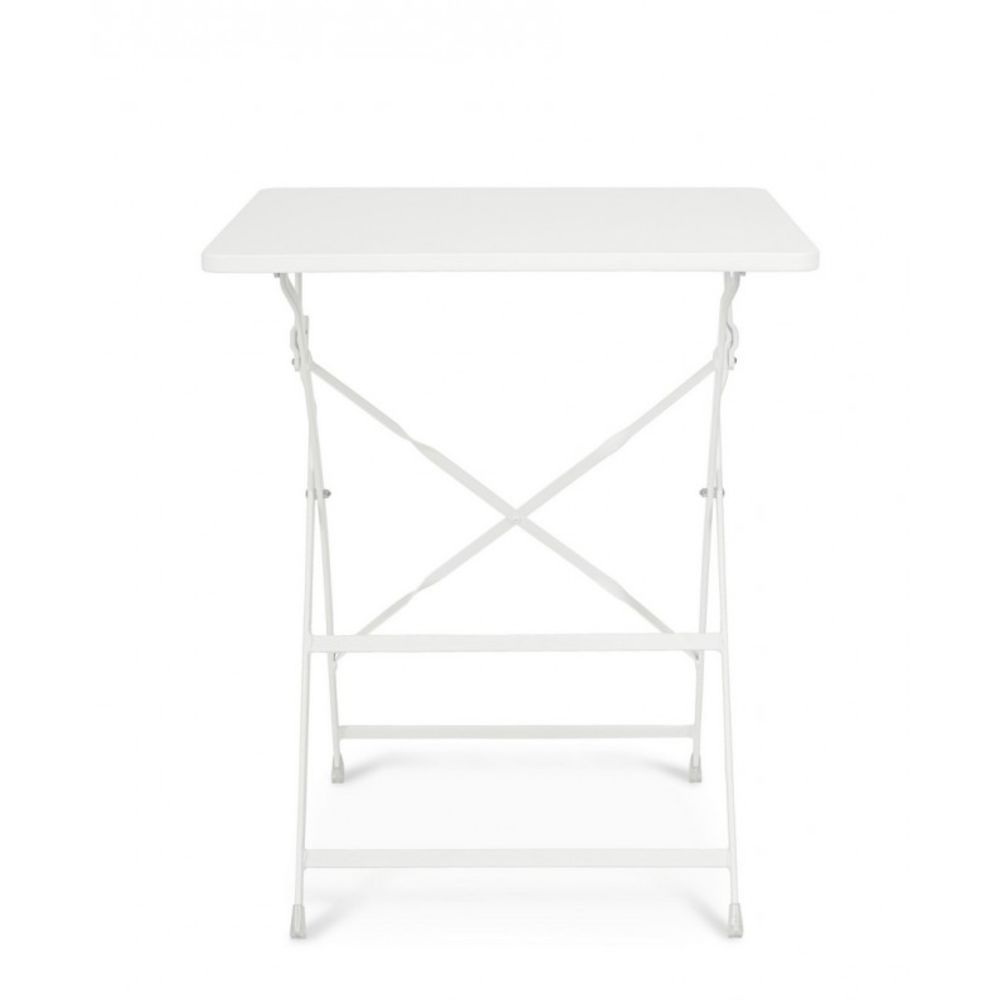 tavolo yasmin quadrato in acciaio bianco 60 x 60 cm, pieghevole, ambientazione in giardino con sedie coordinate
