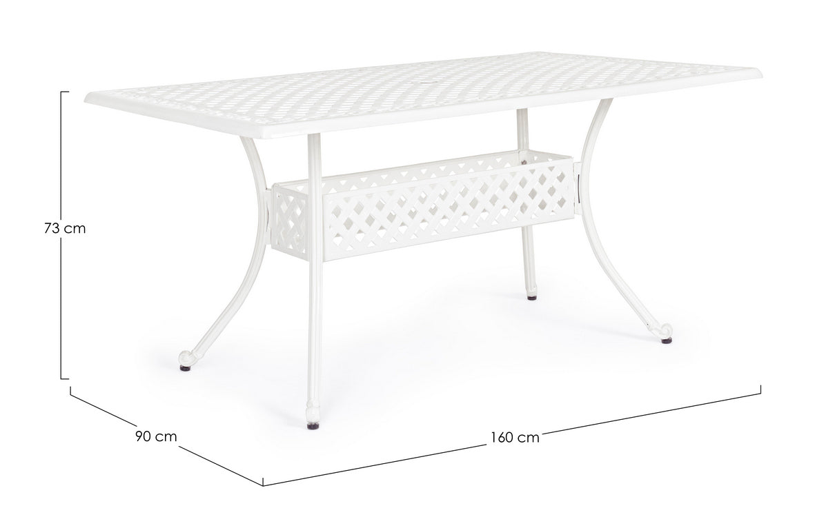 tavolo rettangolare ivrea in alluminio bianco 160×90 cm, ambientazione in giardino con sedie coordinate