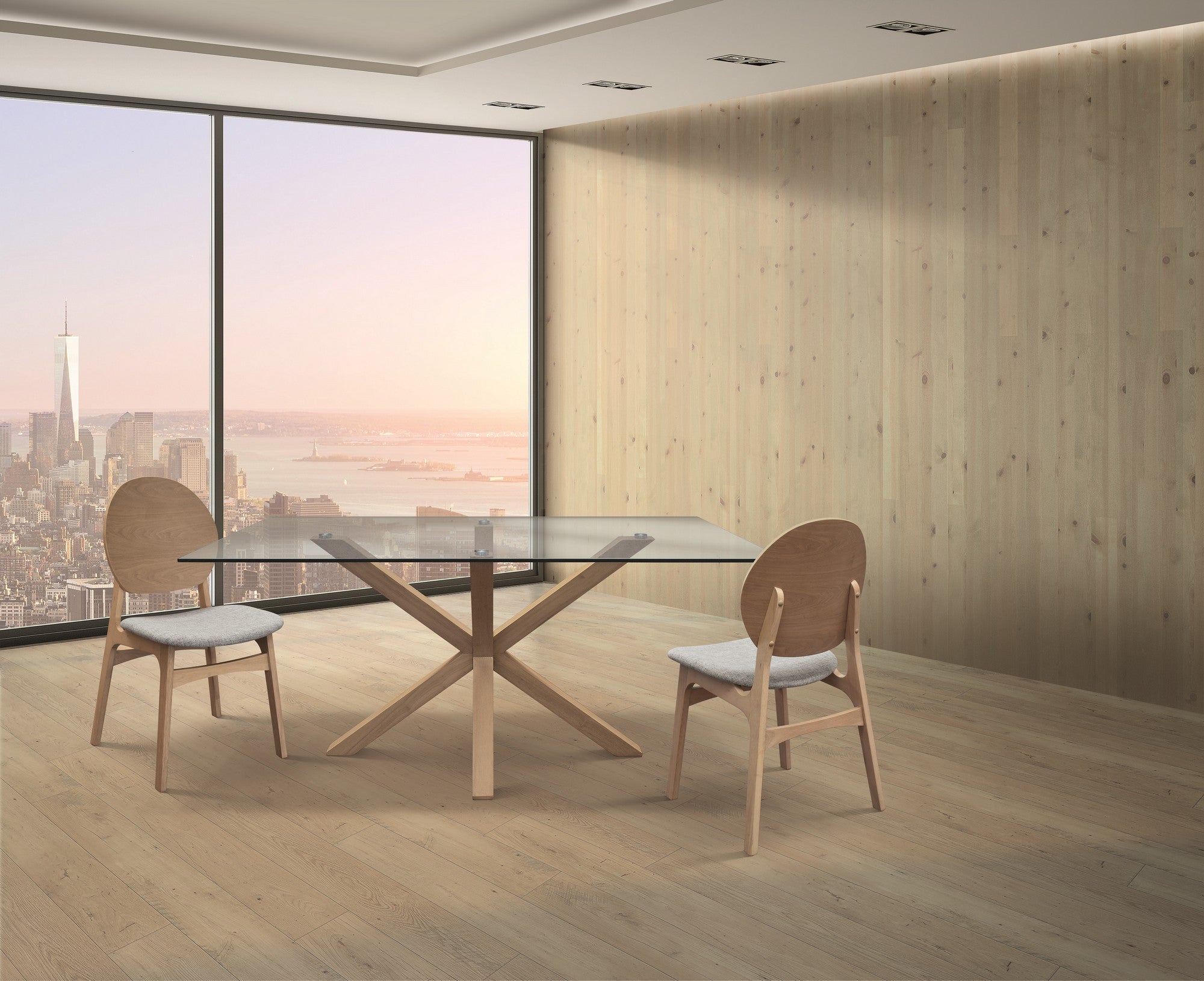 tavolo silver lake in vetro trasparente e legno naturale, 160×90 cm, dettaglio della struttura in legno o metallo