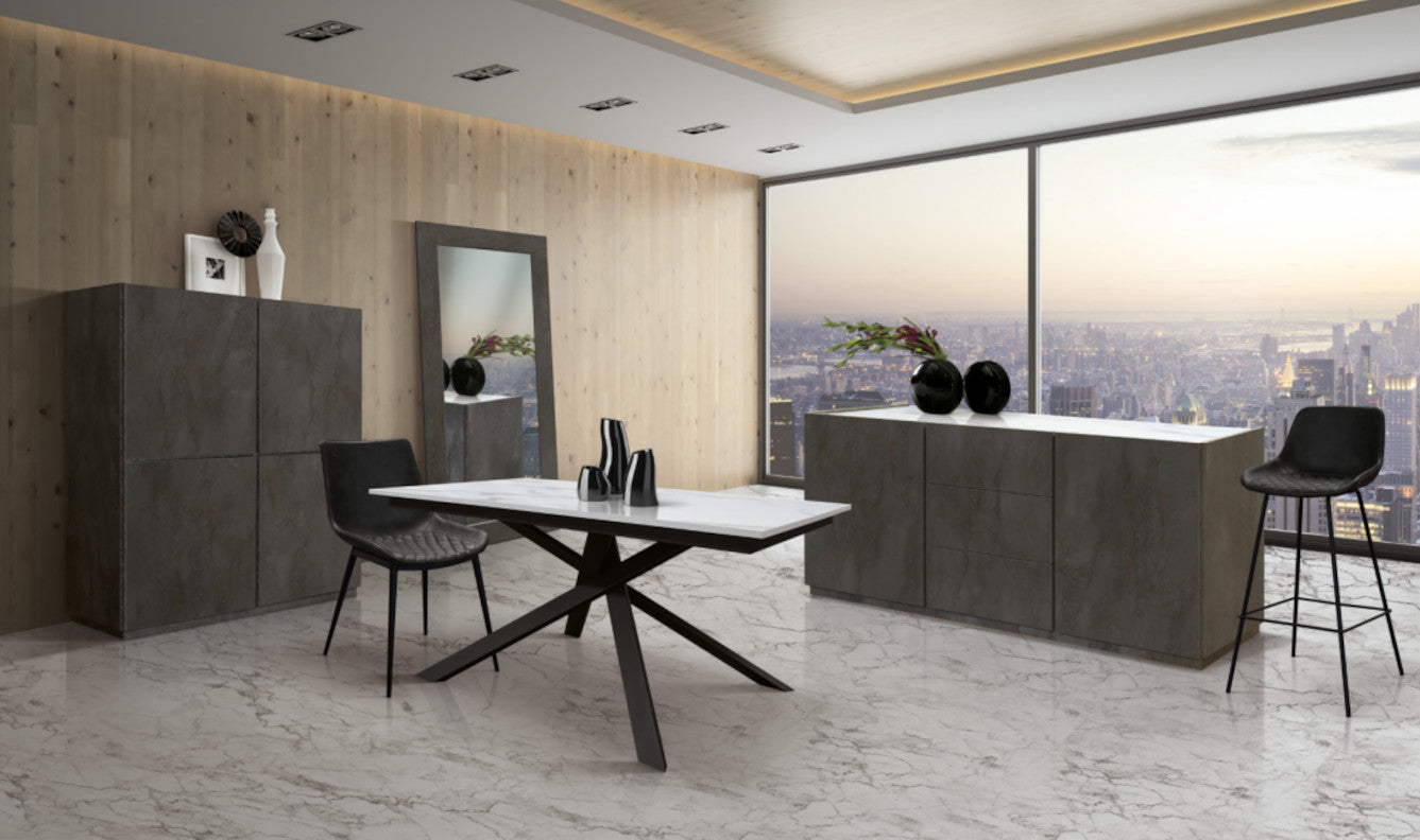 tavolo volpaia in legno, finitura marmo bianco statuario e metallo verniciato antracite, allungabile 160×90 cm – 220×90 cm,...