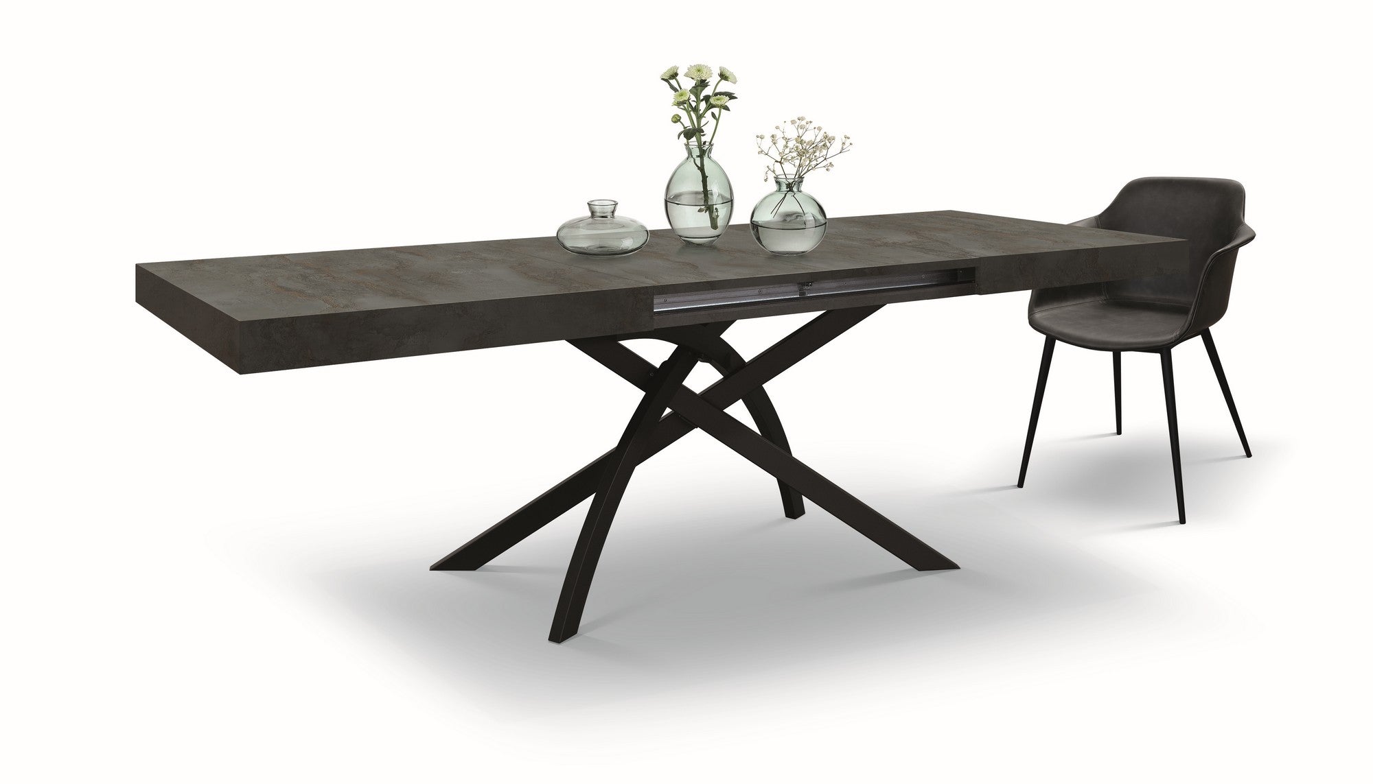 tavolo gorgona in legno, finitura in acciaio ossidato e metallo verniciato antracite, allungabile 140×90 cm – 220×90 cm,...