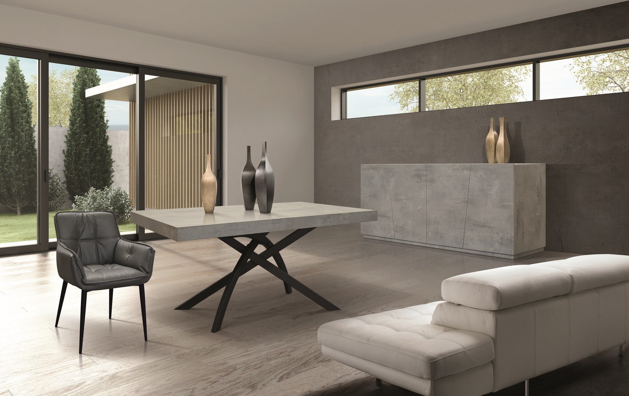 tavolo gorgona in legno, finitura in acciaio ossidato e metallo verniciato antracite, allungabile 140×90 cm – 220×90 cm,...