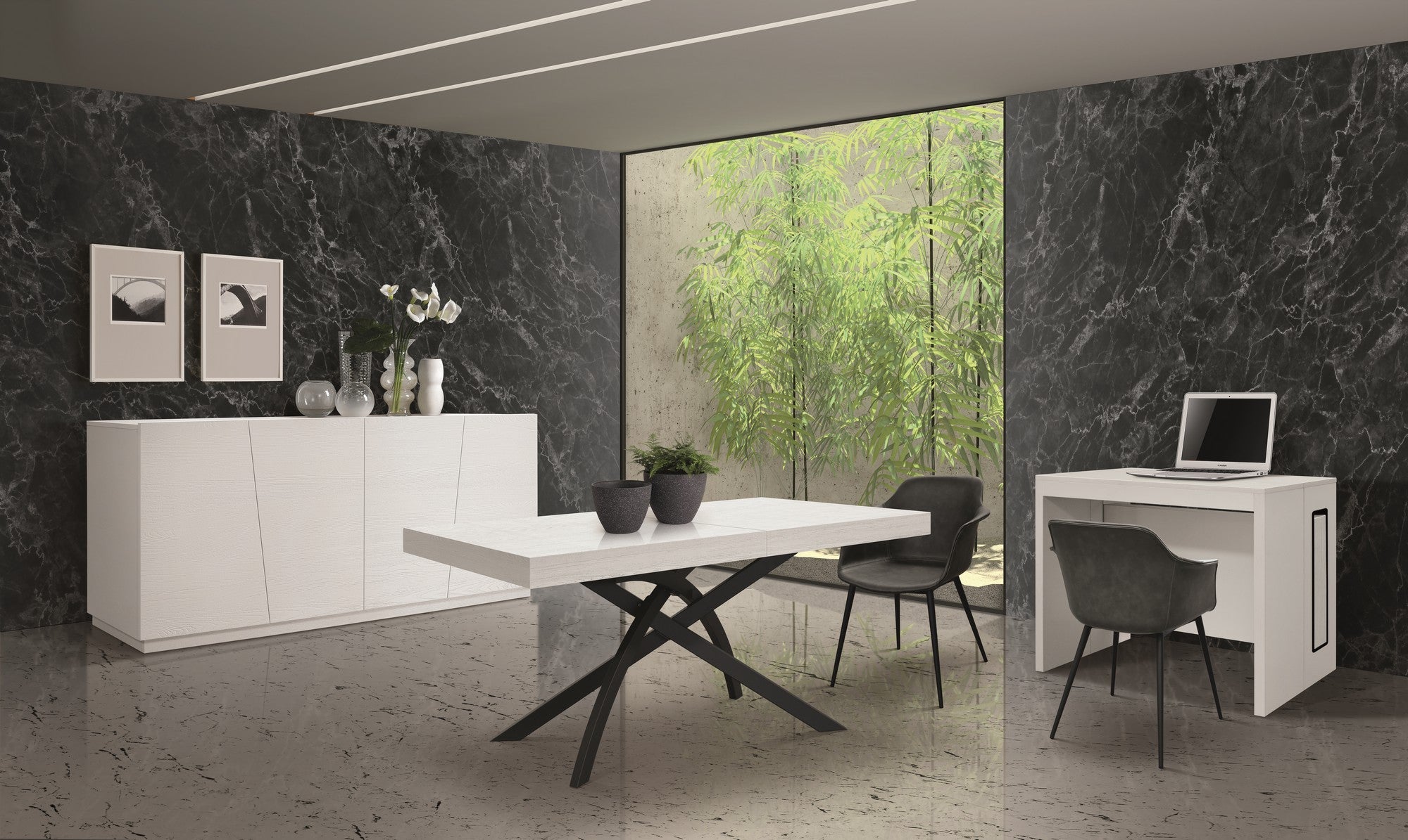 tavolo gorgona in legno, finitura in bianco frassinato e metallo verniciato antracite, allungabile 140×90 cm – 220×90 cm,...