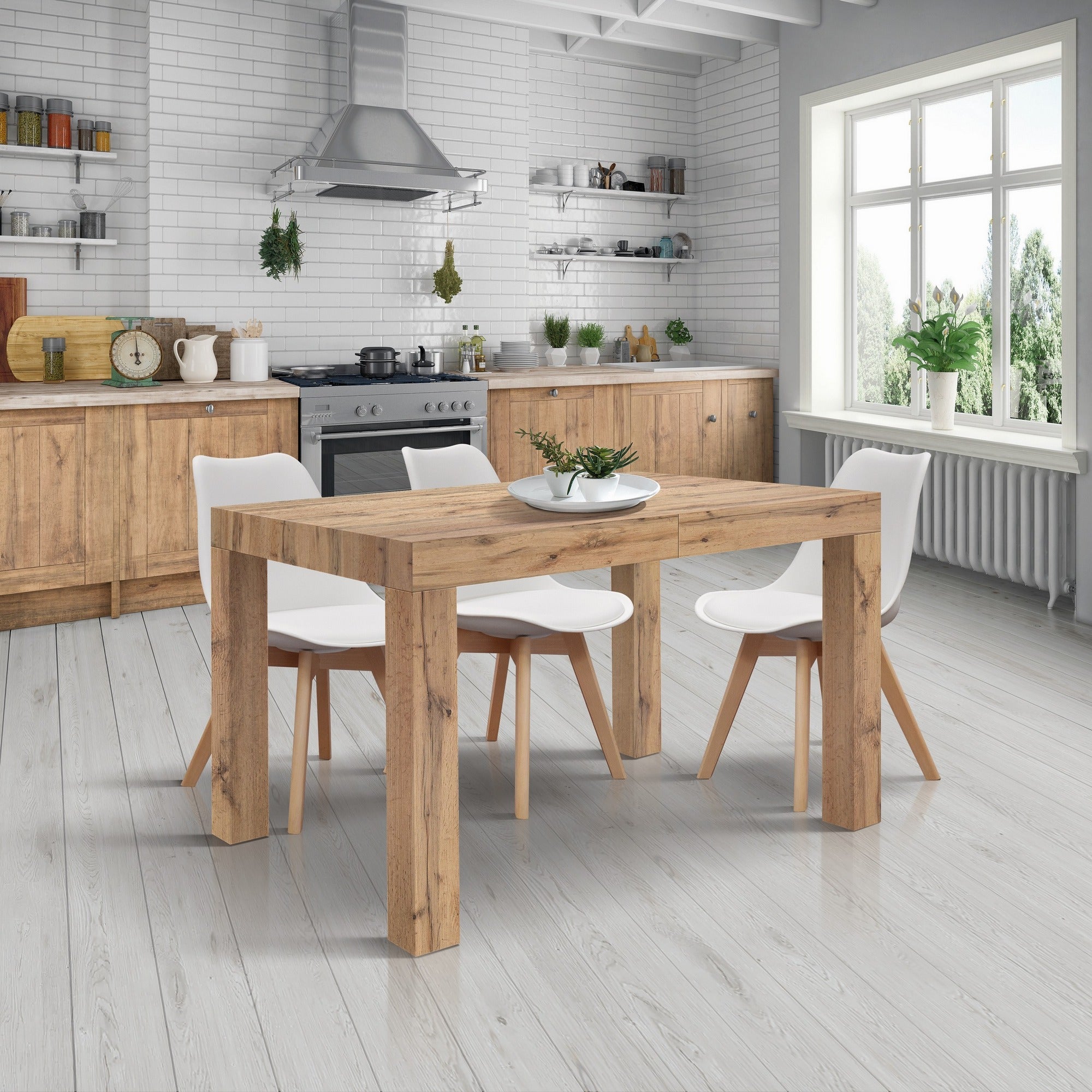 tavolo barolo in legno, finitura rovere rustico, allungabile 120×80 cm – 200×80 cm, vista ambientata con sedie abbinate