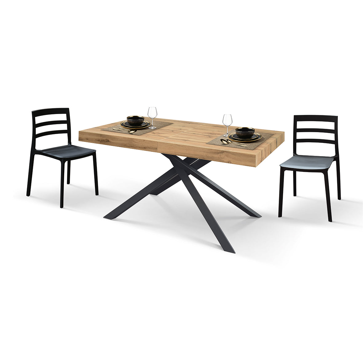 tavolo forte dei marmi rovere rustico allungabile con base antracite 160×90 cm – 240×90 cm, vista ambientata con sedie...