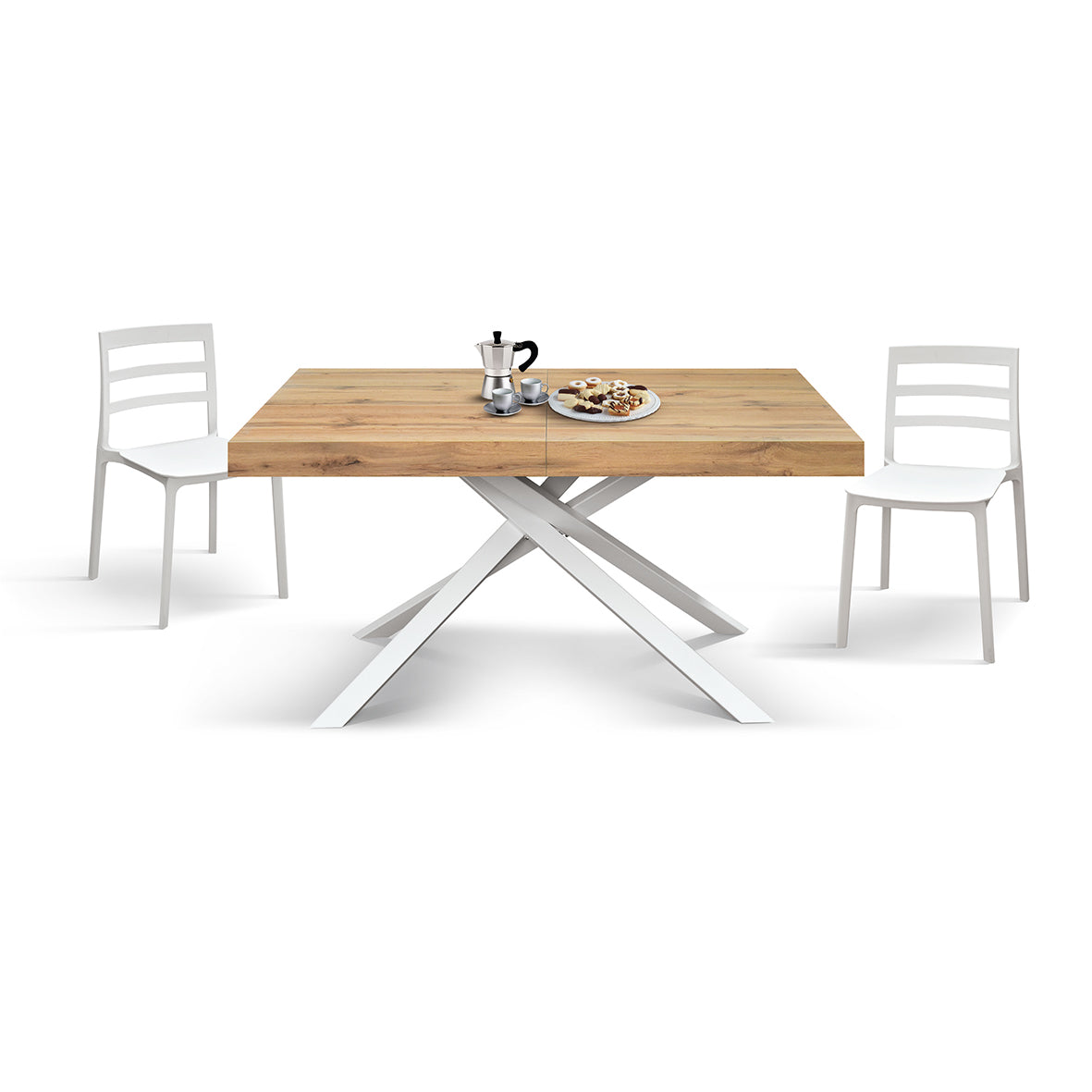 tavolo forte dei marmi rovere rustico allungabile con base bianca 160×90 cm – 240×90 cm, vista ambientata con sedie abbinate