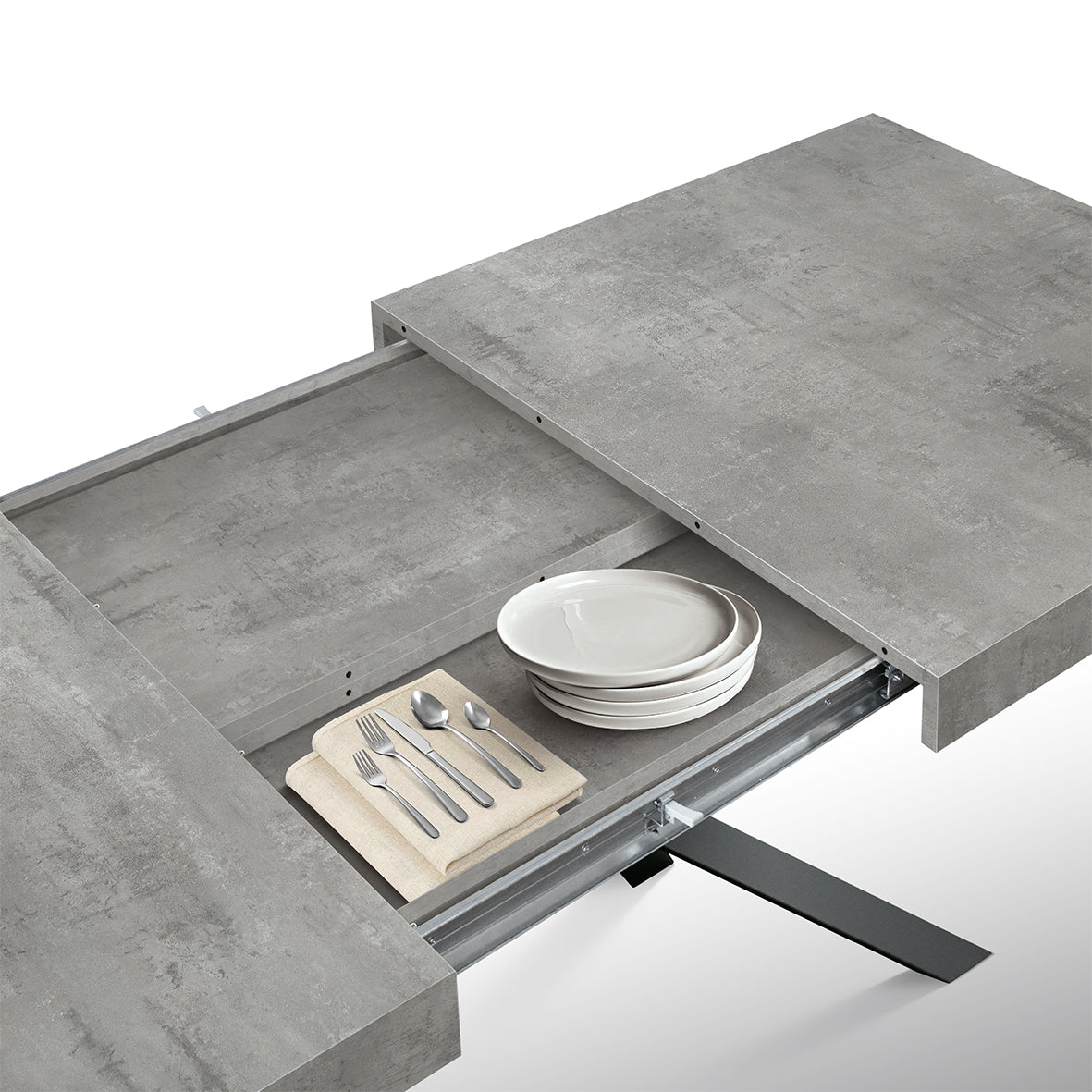 tavolo camaiore in legno, finitura grigio cemento e base a x in metallo antracite, allungabile 160×90 cm – 240×90 cm, vista...