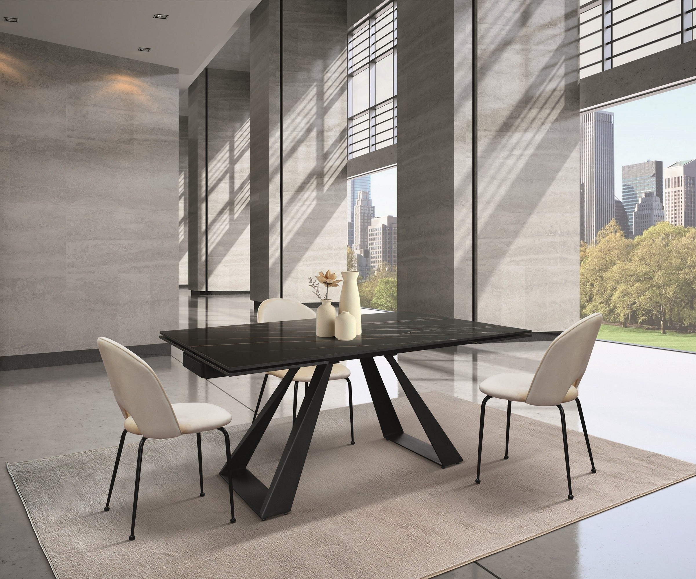 tavolo ajaccio in vetroceramica effetto marmo nero con gambe a piramide in metallo antracite, allungabile 160×90 cm – 240×90...