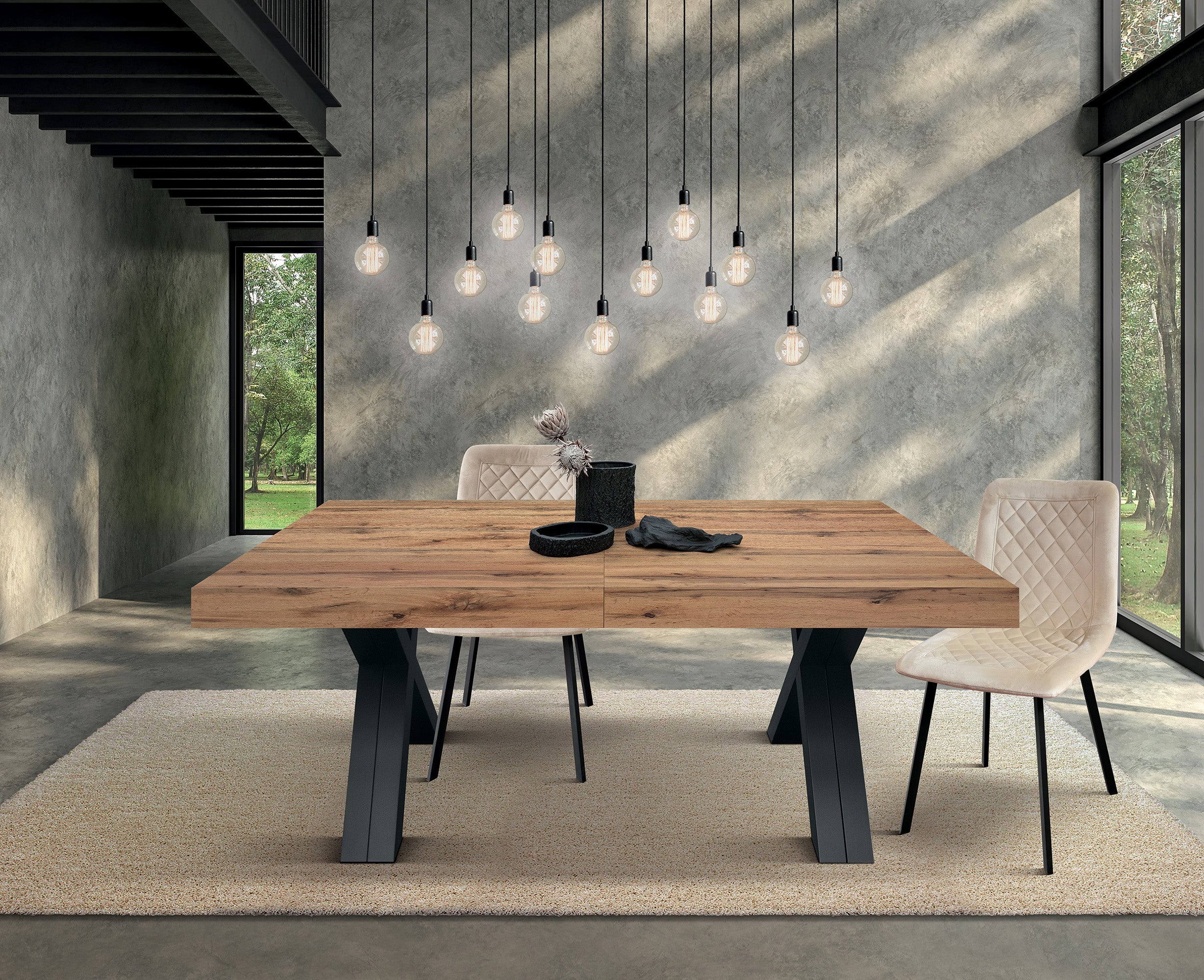 tavolo gallipoli in legno nobilitato effetto rovere rustico con gambe a x in legno antracite, allungabile 180×90 cm – 480×90...