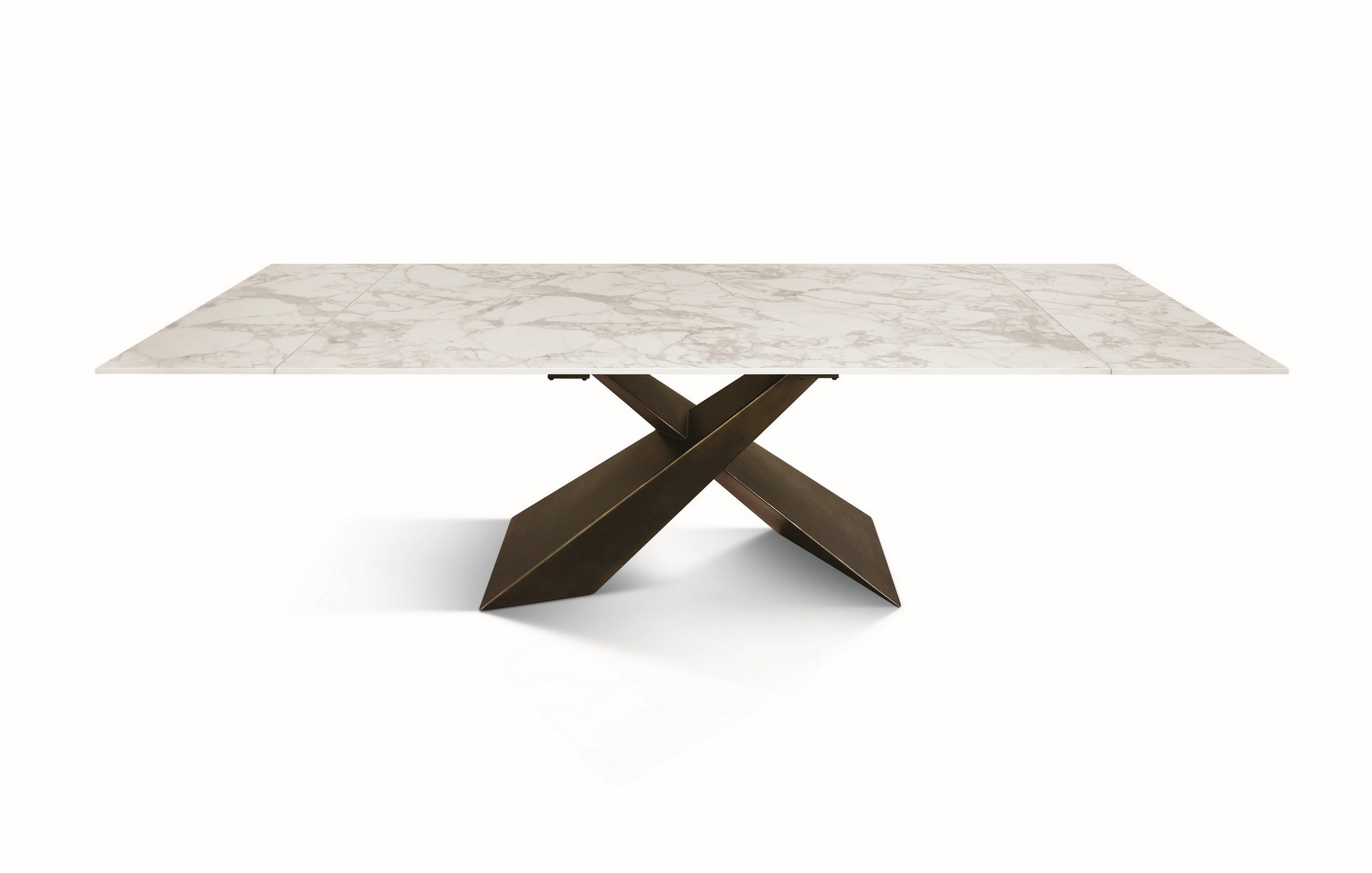 tavolo figari in vetroceramica bianco arabesco con gambe a x in metallo bronzo, allungabile 180×90 cm – 260×90 cm, dettaglio...