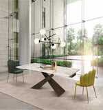 tavolo figari in vetroceramica bianco arabesco con gambe a x in metallo bronzo, allungabile 180×90 cm – 260×90 cm, vista...